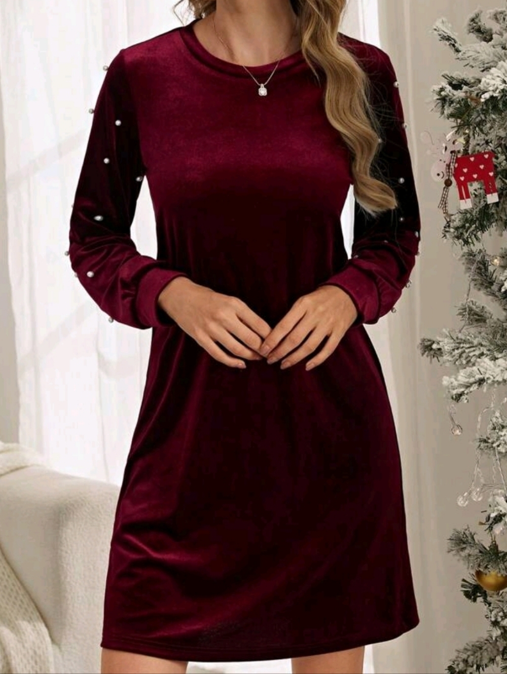 Velvet Long-Sleeve Pearl Detail Dress - Burgundy